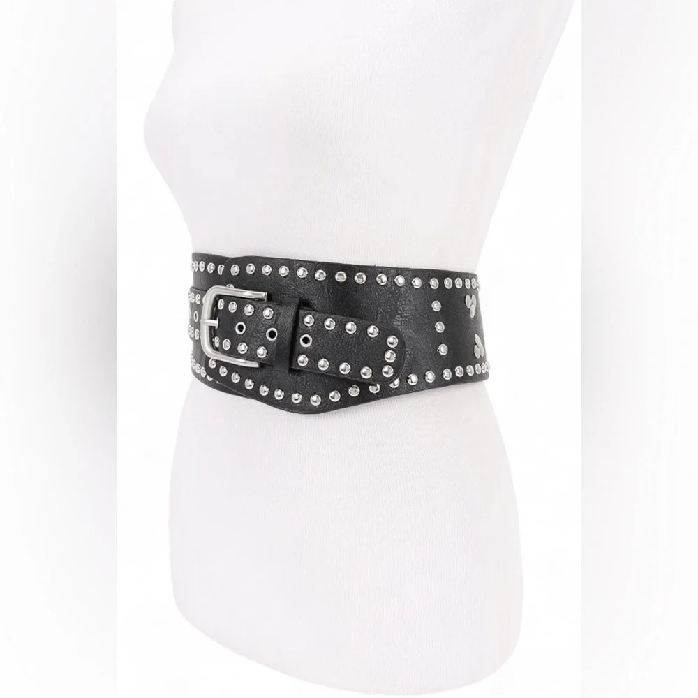 Vegan Leather Studded Statement Belt - Black, Brown, White
